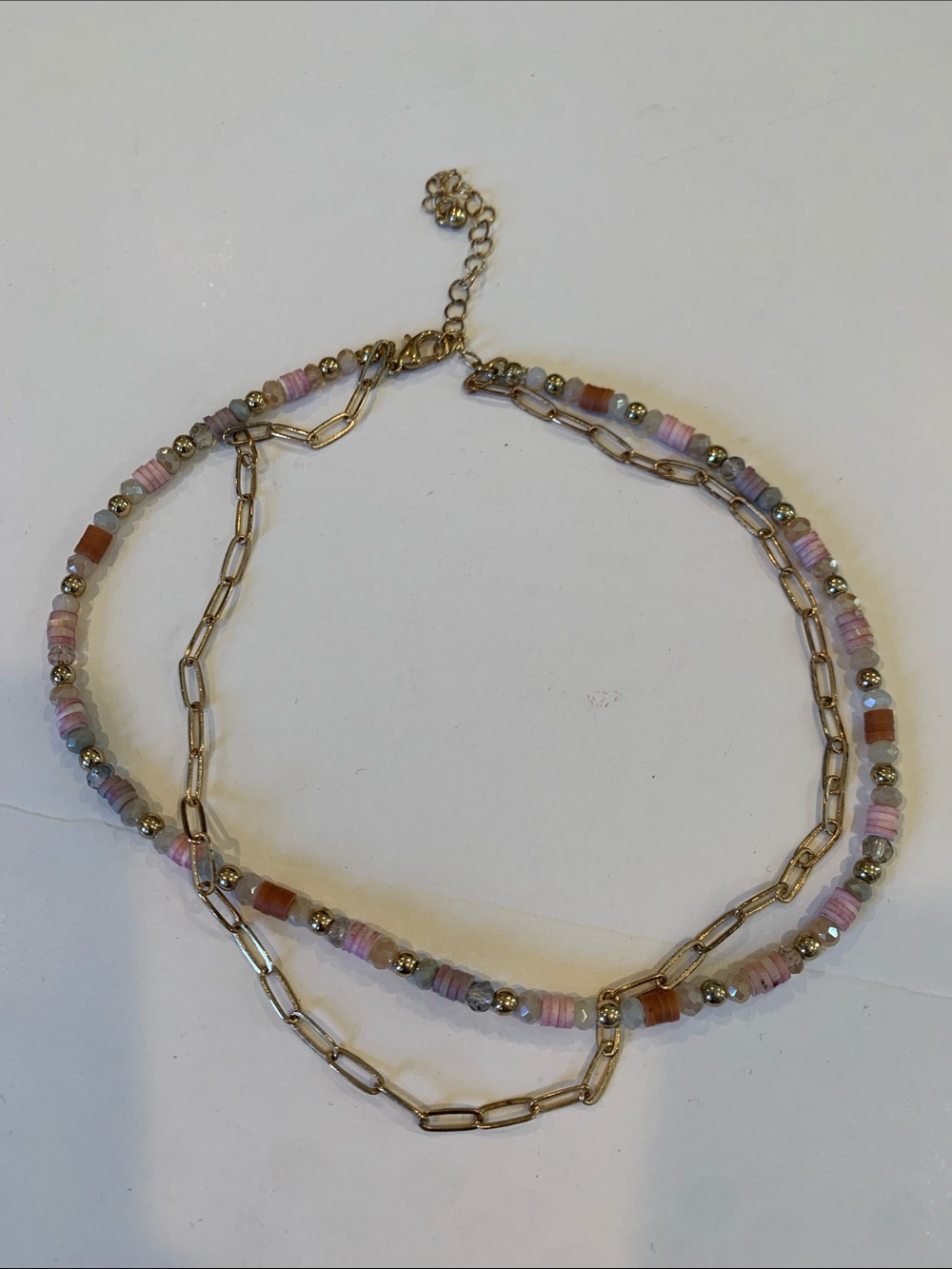 Layered Gold Paperclip Chain Necklace Pink Mauve Vinyl Disc Heishi Beads Pastel
